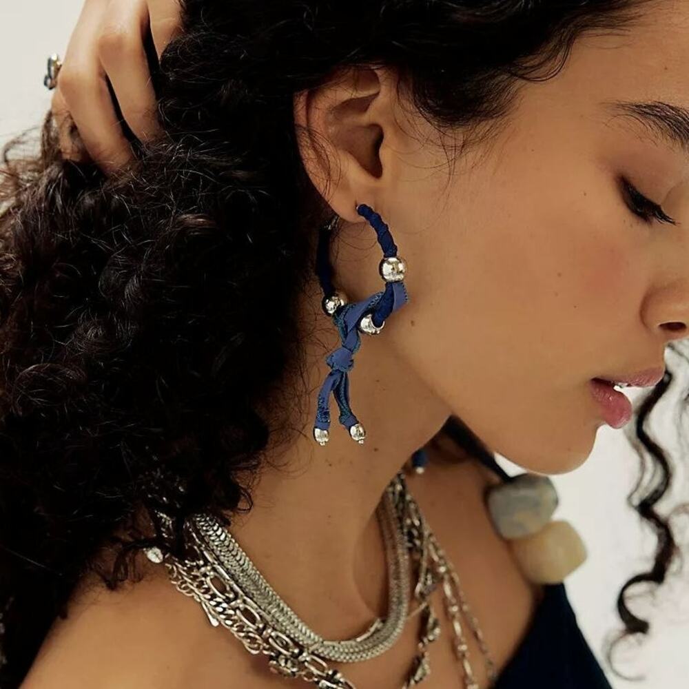 Free People Lingering Love Hoops Earrings Denim Blue